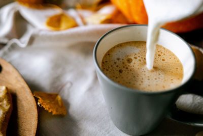 High angle view of coffee cup on table