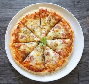 High angle view of pizza on table