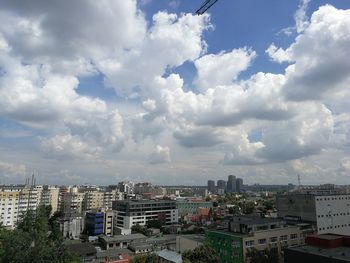 High angle view of buildings against sky