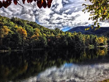 Scenic view of lake against cloudy sky