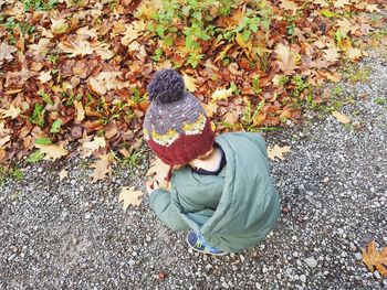 High angle view of boy with autumn leaves