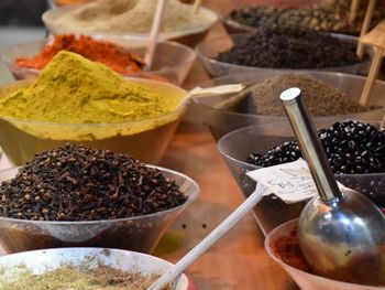 High angle view of spices in container at market