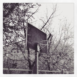 Low angle view of sign by tree against sky