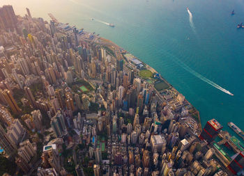 High angle view of cityscape by sea