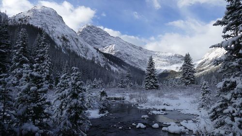 Scenic view of snowcapped mountains against sky