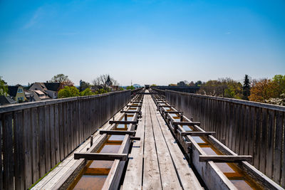 View of footbridge against clear blue sky