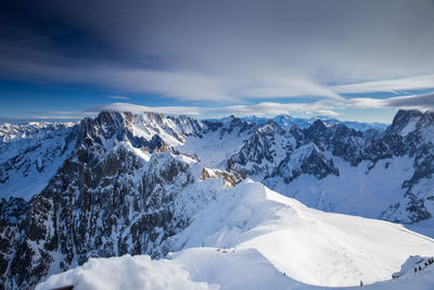 Scenic view of snow covered mountains against sky