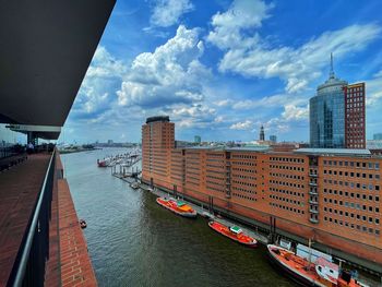 Bridge over river against buildings in city