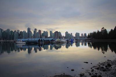 Scenic view of river by city against sky