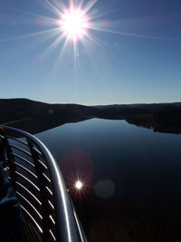 Scenic view of lake against bright sun