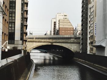 Footbridge over river in city against sky