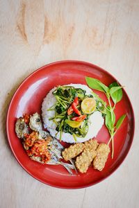 High angle view of food in plate on table