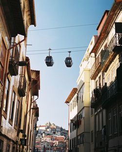 Low angle view of ski lifts over buildings