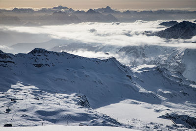 High angle view of snowcapped mountains against sky