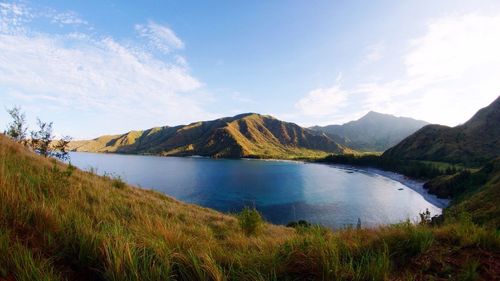 Scenic view of lake against cloudy sky