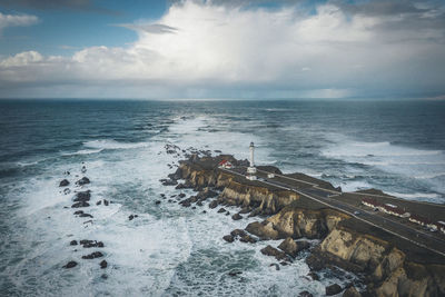 Lighthouse on the pacific coast from above, point arena, california