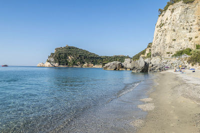 Scenic view of sea against clear blue sky