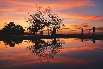 Silhouette tree by lake against orange sky