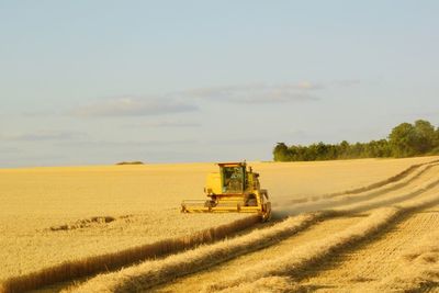 Farmer driving harvester in field against sky