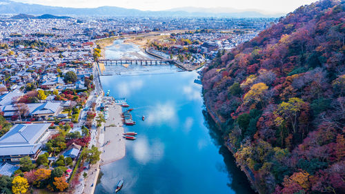 High angle view of buildings against sky during autumn