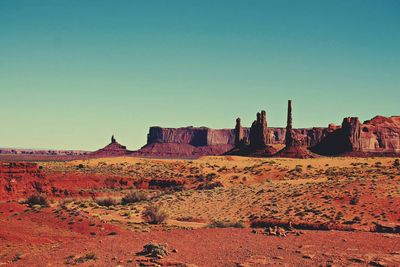 Scenic view of monument valley against clear blue sky