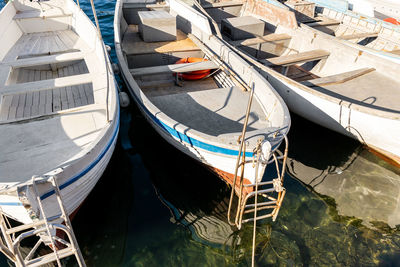 High angle view of ship moored in sea