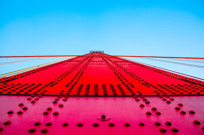 Low angle view of red wall against clear blue sky