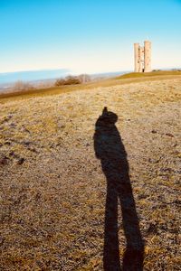 Shadow of person on field against sky