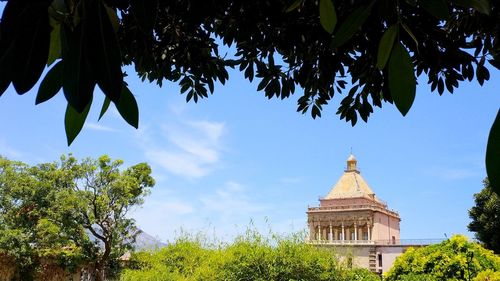 Low angle view of trees and building against sky