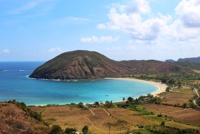 Scenic view of sea and mountains against sky