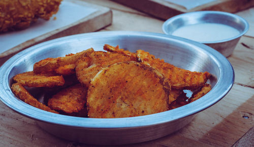 High angle view of food in plate on table