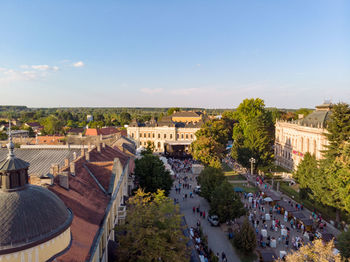 High angle view of buildings in city against sky