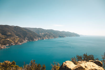 Scenic view of sea and mountains against clear sky