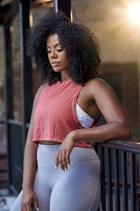 Young woman in athleisure clothing