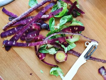 High angle view of chopped vegetables on cutting board