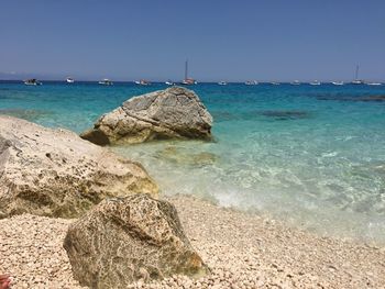 Scenic view of sea against clear blue sky