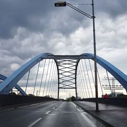 View of suspension bridge against cloudy sky