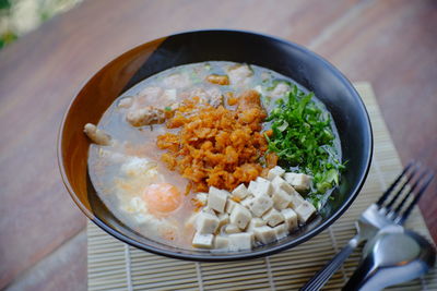 High angle view of food in bowl on table