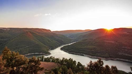 Scenic view of river and mountains against sky