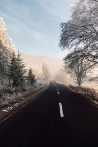 Empty asphalt road amidst snow covered trees against blue sky at sunrise. foggy forest. 