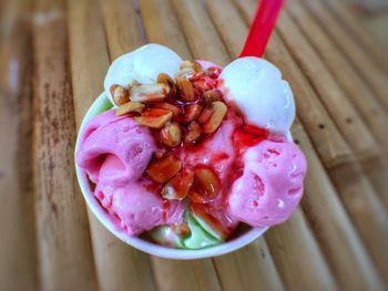 High angle view of ice cream on table