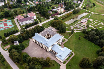 View from above to the small latvian town auce, two schools, a bicycle track and a residential area