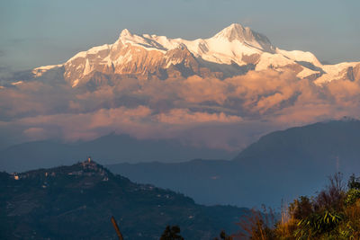 Scenic view of mountains against sky during sunset