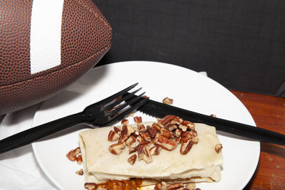 High angle view of dessert in plate on table