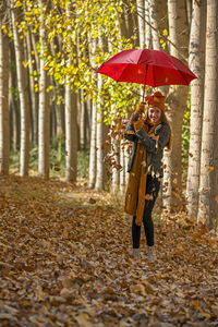 Rear view of woman with umbrella walking in park