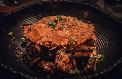 High angle view of crab served on table