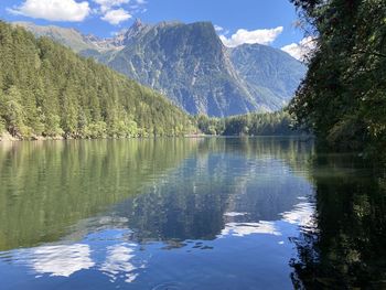 Scenic view of lake and mountains against sky