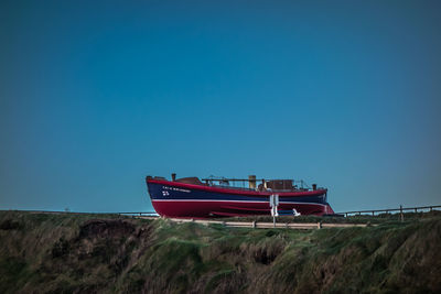 Boat moored on field against clear blue sky