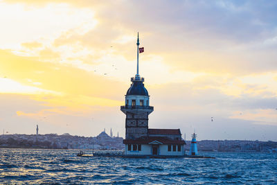 Lighthouse by sea against sky during sunset