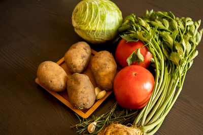 High angle view of vegetables on table